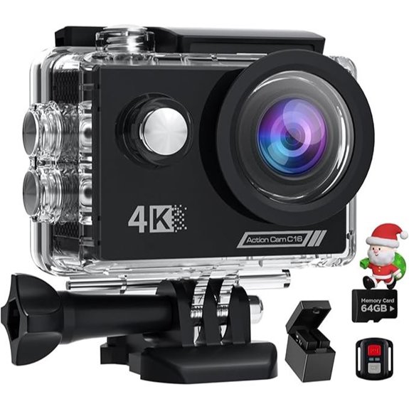 4K Action Camera with 64GB SD Card and Waterproof Mount