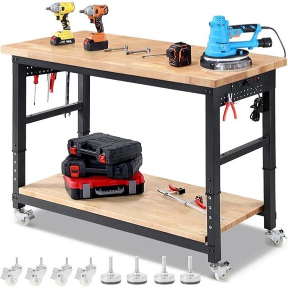 Adjustable Garage Workbench with Storage and Power Outlets