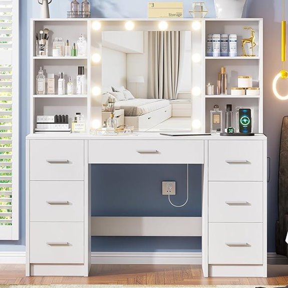 Large Vanity Desk with Mirror Lights Drawers Shelves