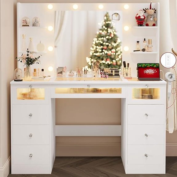 White Vanity with Lighted Mirror Drawers & Shelves