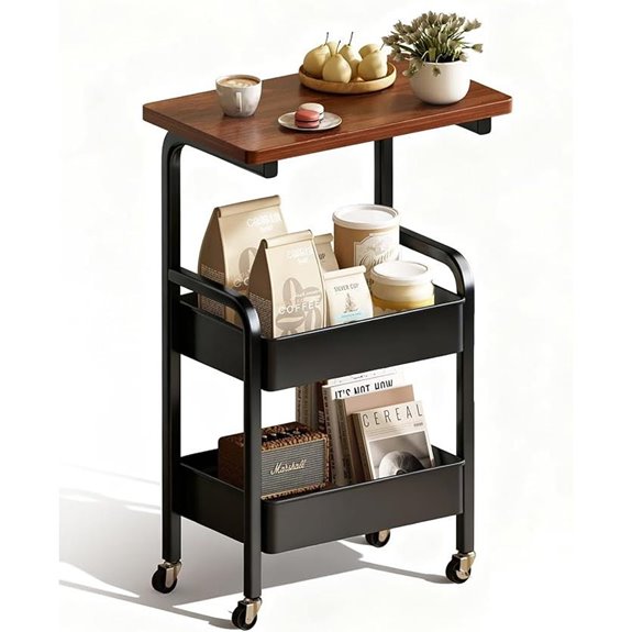 3-Tier Metal Rolling Utility Cart with Walnut Top