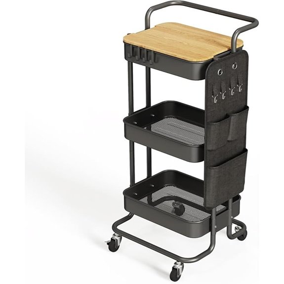 DTK 3-Tier Metal Rolling Cart with Storage and Hooks
