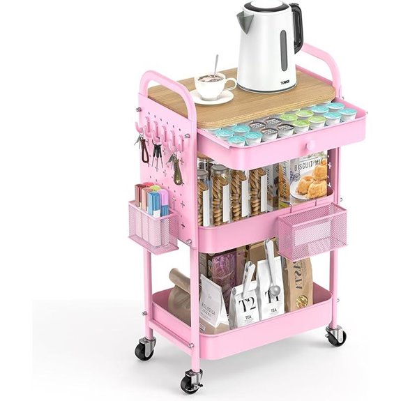 ALVOROG 3-Tier Rolling Cart with Drawer & Wood Top
