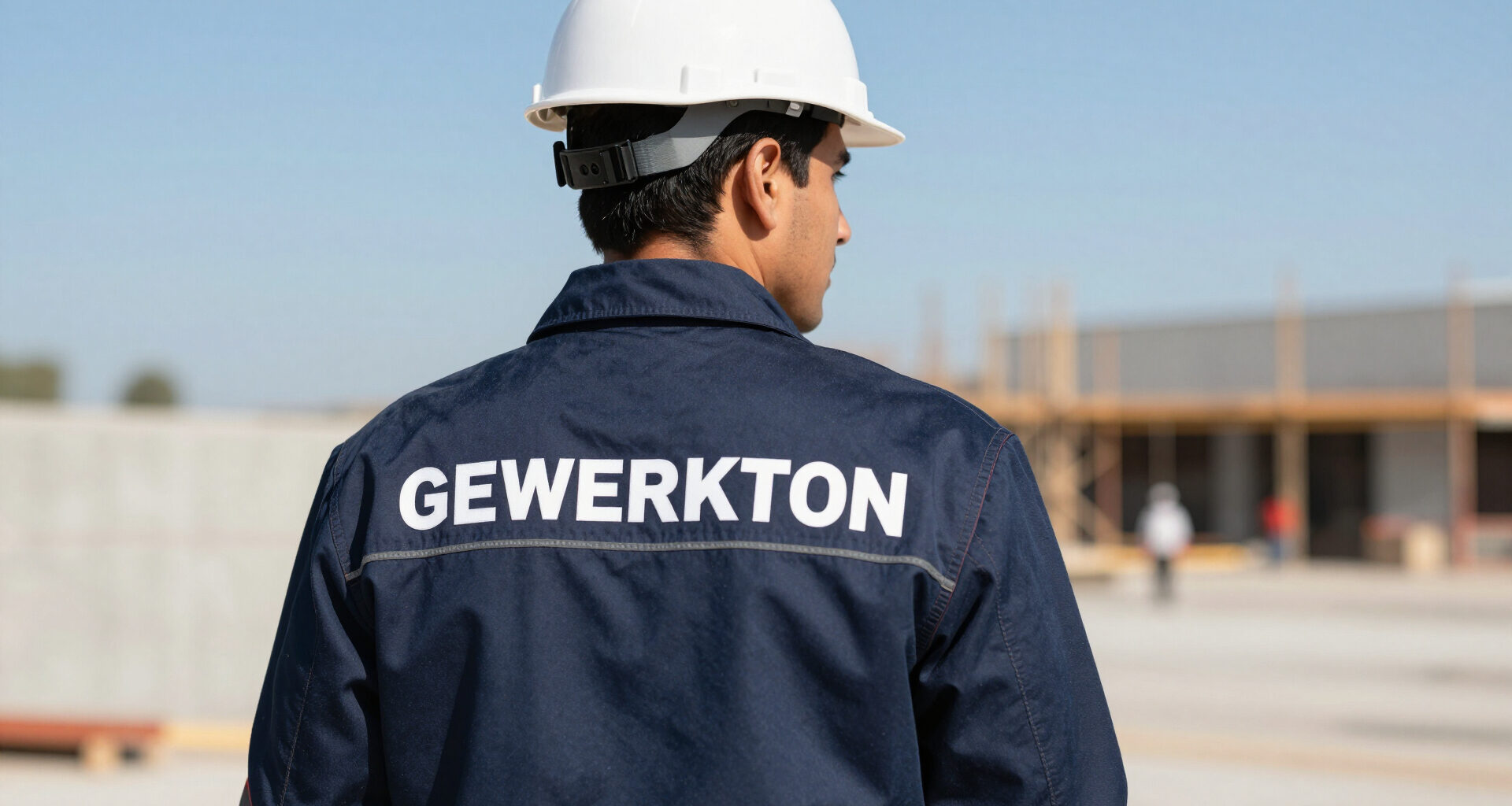 A site worker in a white hard hat and a navy jacket with GEWERKTON printed across the back looks out over a construction site under a clear sky