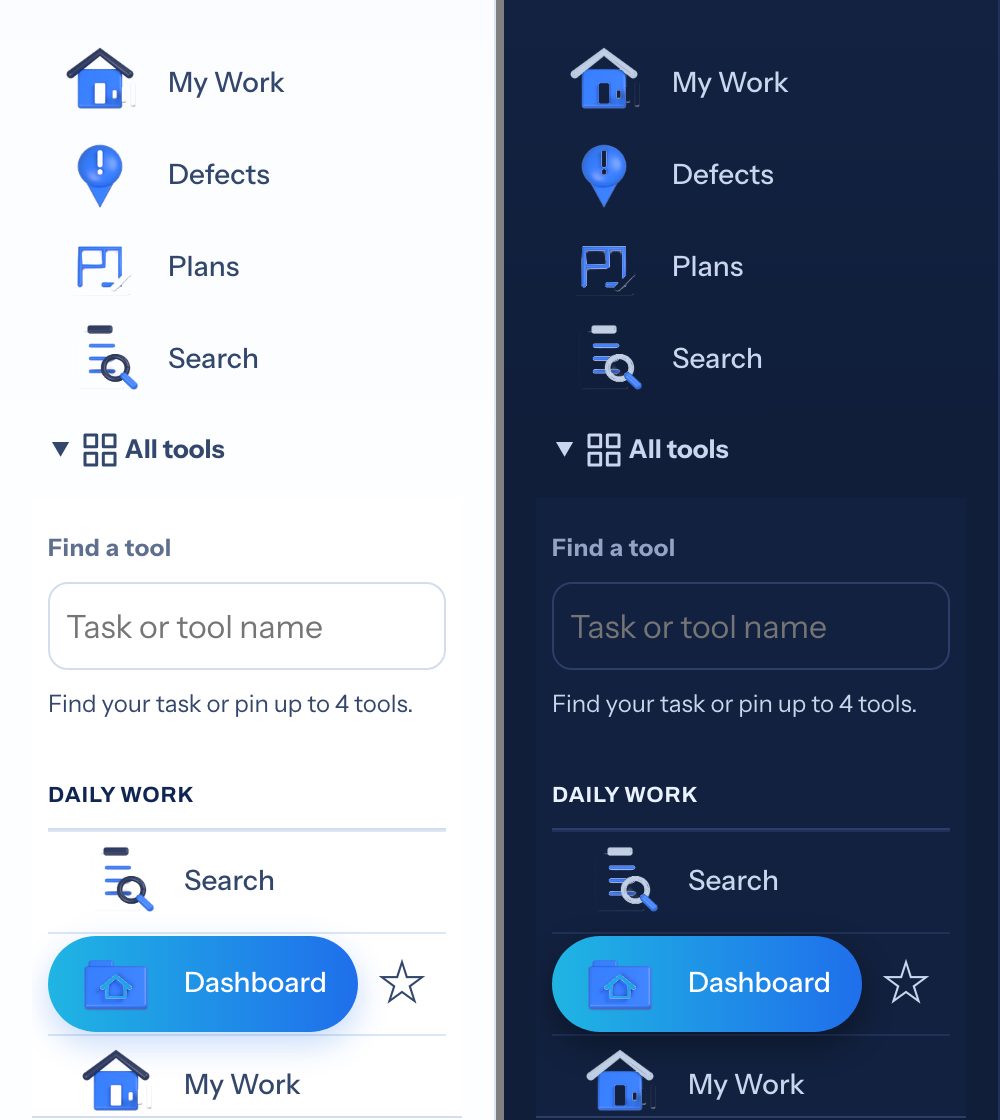 Navigation of the Gewerkton web app after the icon fix, light mode on the left and dark mode on the right: icons for My Work, Defects, Plans and Search sit directly on the background without white tiles