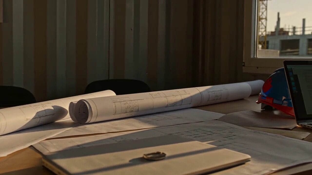Middle frame of a website film before the fix: rolled plans on a table in a site office in warm evening light, and next to a laptop a hard hat with a blue shell and a red rim that the recolouring had missed